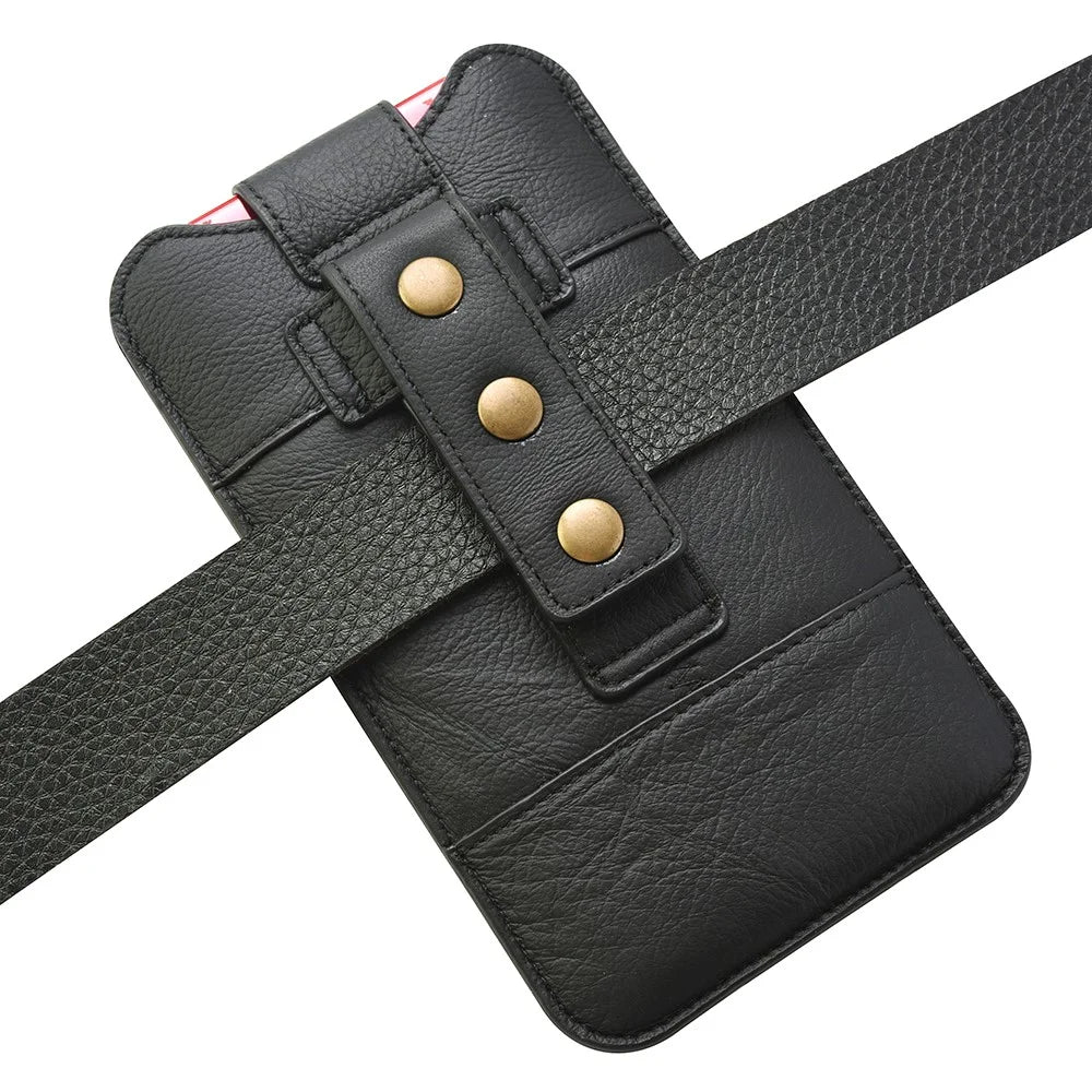 Top Layer Cowhide Adjustable Leather Mobile Phone Holster Pouch Bag Case for 5.2-6.1 inch Phone - Black - 5