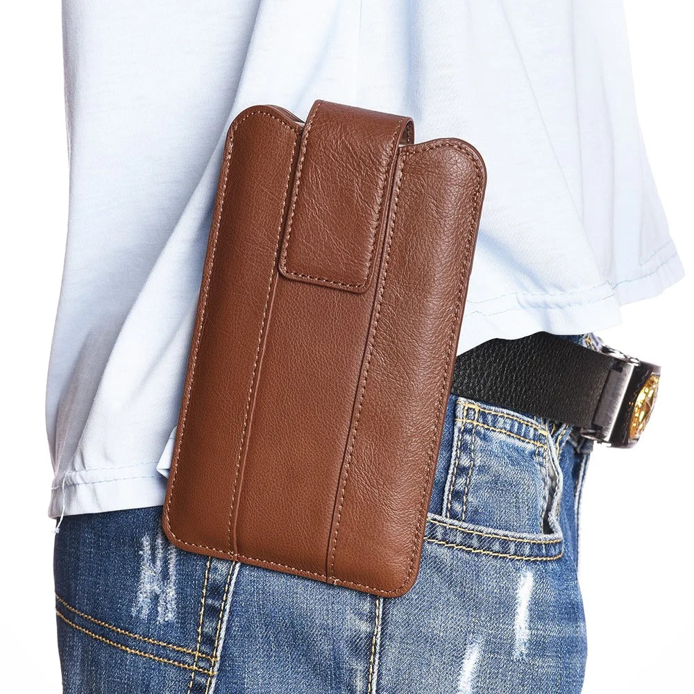 Top Layer Cowhide Leather Cell Phone Belt Clip Holster Cover Pouch Case Waist Bag for 5.5-6.5 inch Phone - Coffee - 5