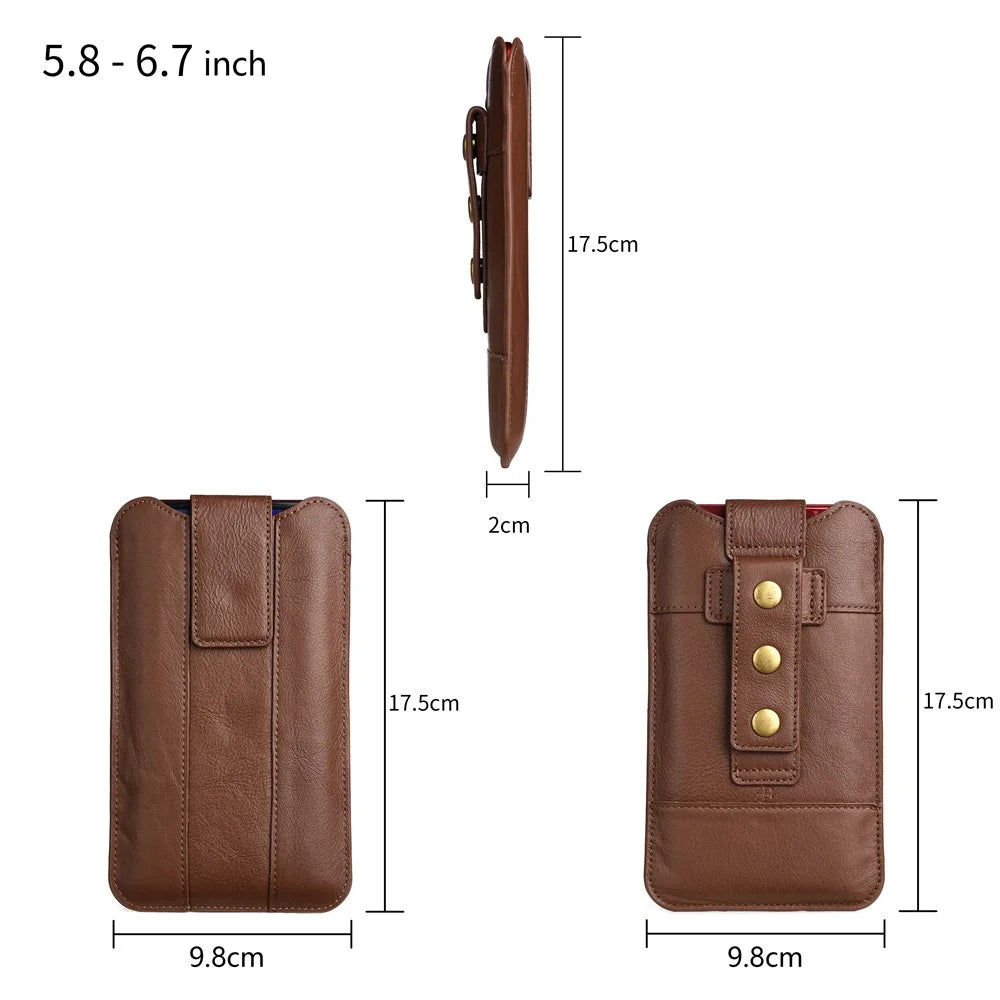 Top Layer Cowhide Leather 5.8-6.7 inch Mobile Phone Vertical Flip Holster Waist Bag Cover Pouch - Black - 7