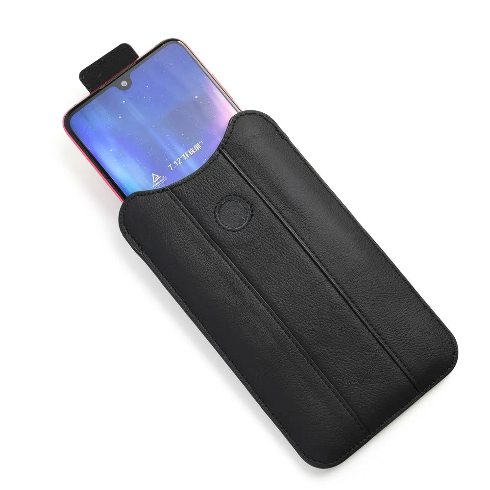 Top Layer Cowhide Leather 6.4-7.2 inch Mobile Phone Waist Belt Clip Bag Vertical Holster Pouch - Black - 1