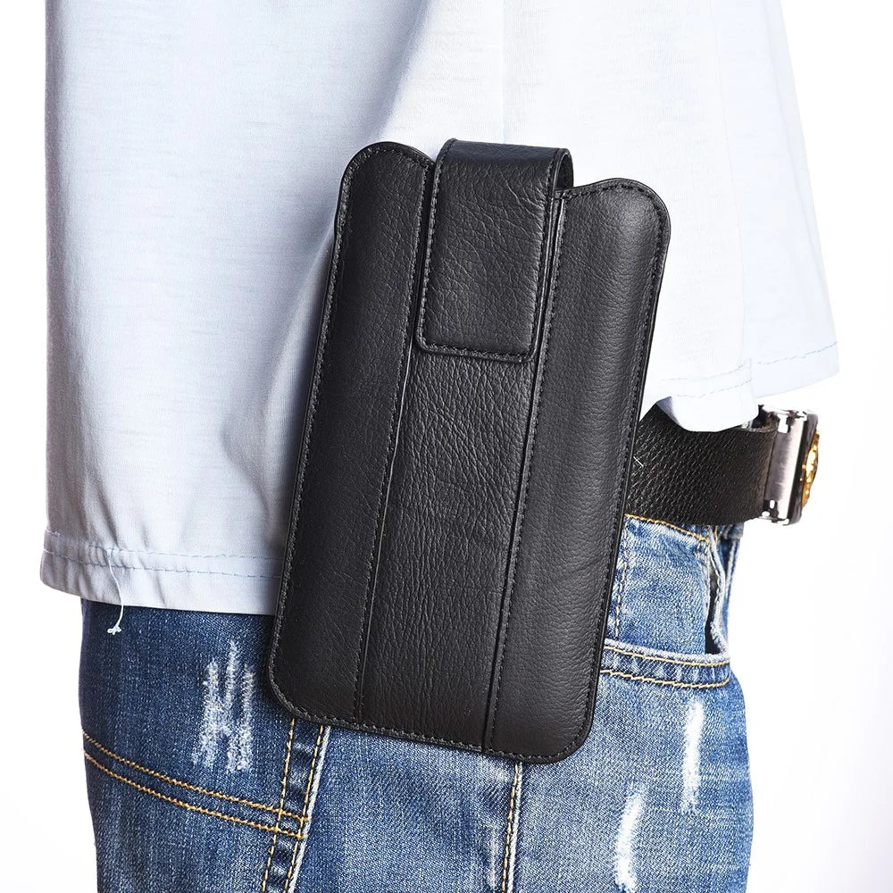 Top Layer Cowhide Leather 6.4-7.2 inch Mobile Phone Waist Belt Clip Bag Vertical Holster Pouch - Black - 6