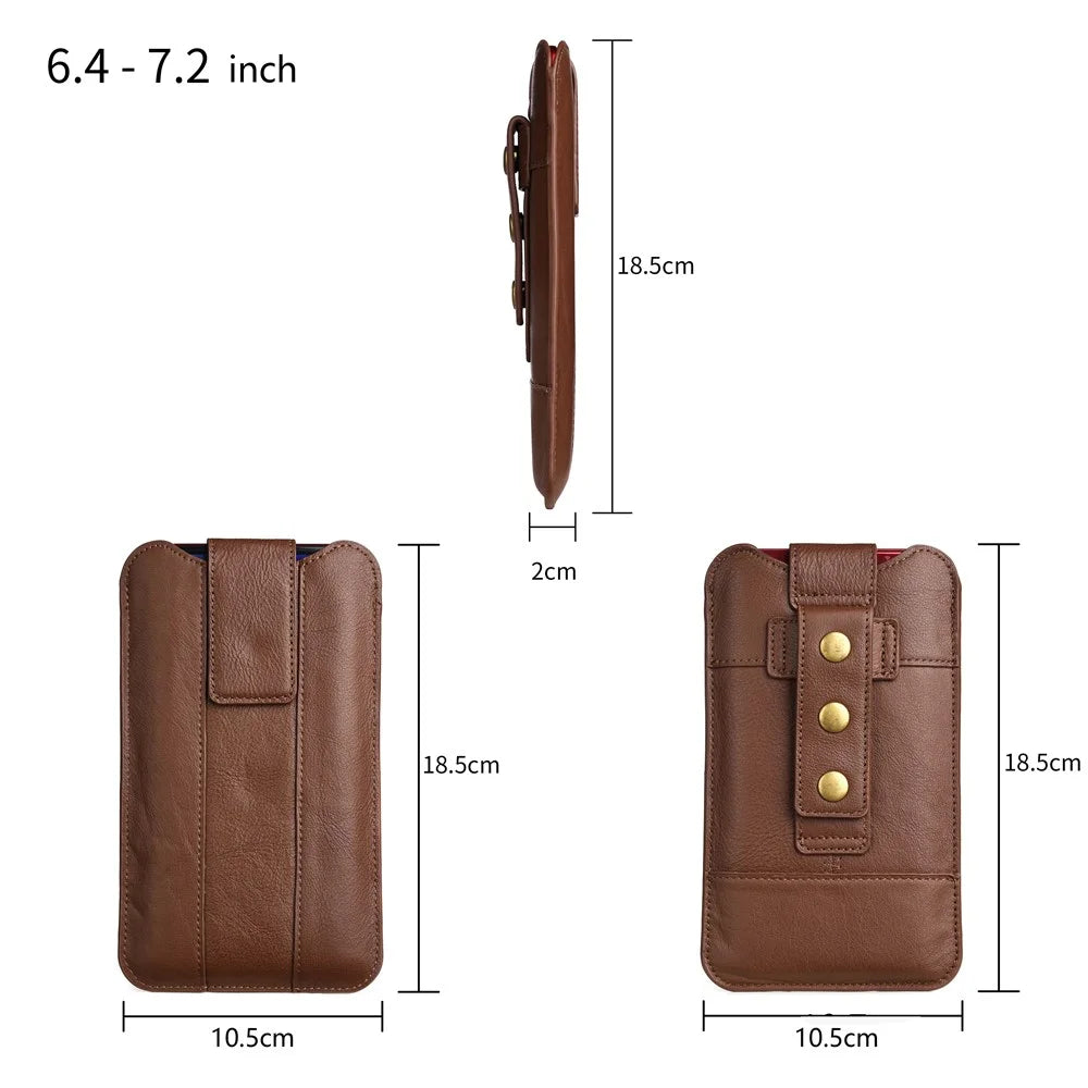 Top Layer Cowhide Leather 6.4-7.2 inch Mobile Phone Waist Belt Clip Bag Vertical Holster Pouch - Black - 7
