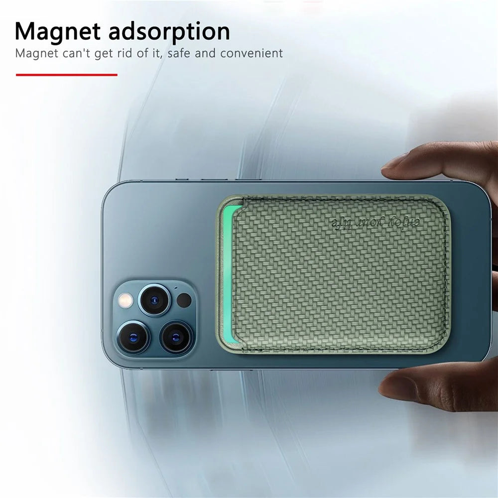 Carbon Fiber Texture Magnetic Absorption PU Leather Credit Card Slot Holder for iPhone 12 / 13 Series - Green - 3