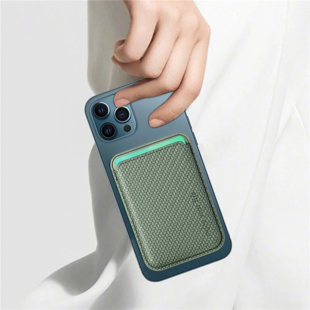Carbon Fiber Texture Magnetic Absorption PU Leather Credit Card Slot Holder for iPhone 12 / 13 Series - Green - 5