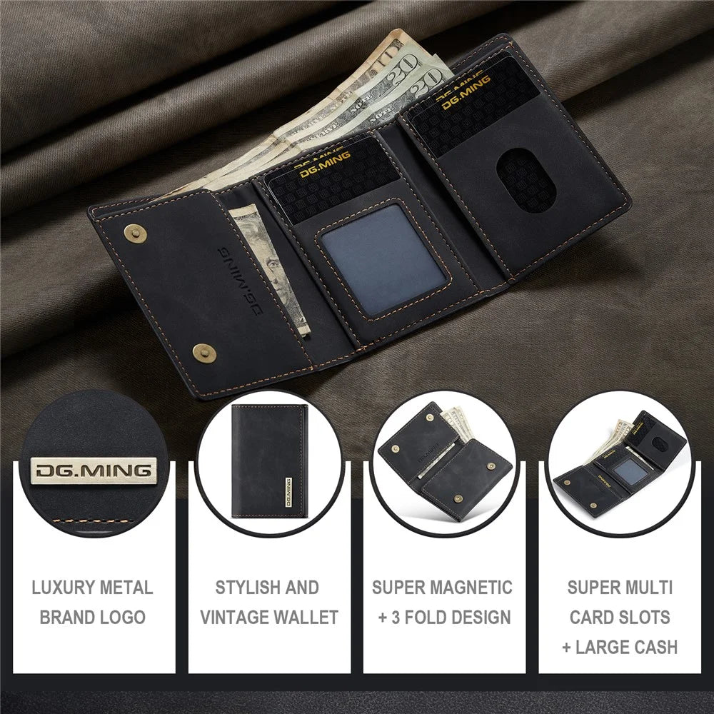DG.MING M1 Series PU Leather Magnetic Absorption Closure Tri-Fold Pocket Wallet Cash Card Holder Coin Purse - Black - 5