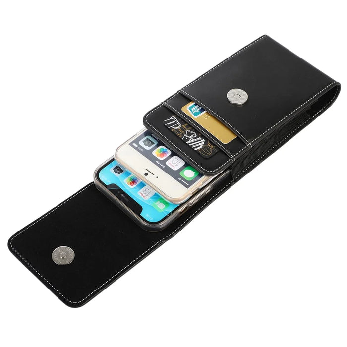 Vertical Cell Phone Belt Holster PU Leather Belt Clip Case with Card Slots for 6.7-inch Phone - Black - 6