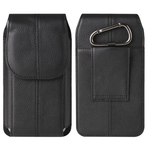 Vertical Cell Phone Waist Bag for 7.2-inch Phone, Cowhide Leather Belt Clip Pouch Case with Hook - Black - 1