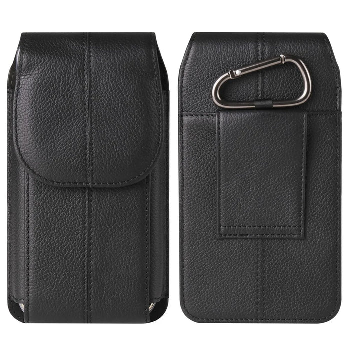Vertical Cell Phone Waist Bag for 7.2-inch Phone, Cowhide Leather Belt Clip Pouch Case with Hook - Black - 1