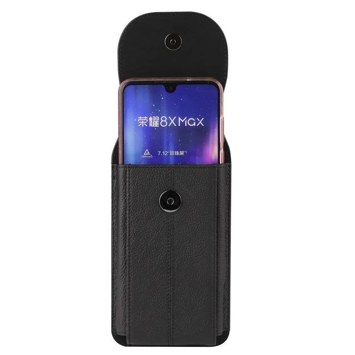Vertical Cell Phone Waist Bag for 7.2-inch Phone, Cowhide Leather Belt Clip Pouch Case with Hook - Black - 6