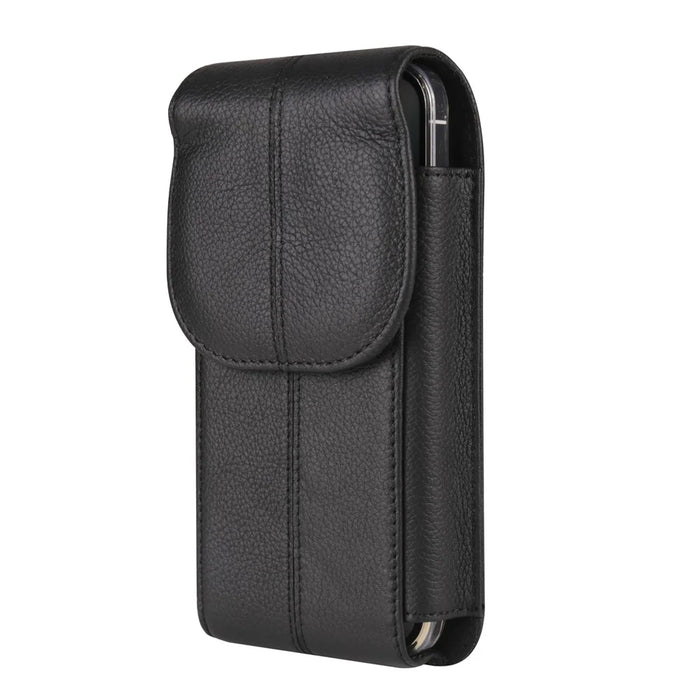 Vertical Cell Phone Waist Bag for 7.2-inch Phone, Cowhide Leather Belt Clip Pouch Case with Hook - Black - 7