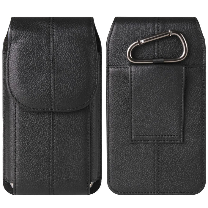 Cell Phone Belt Holster Universal 6.7-inch Phone Case Cowhide Leather Vertical Waist Pack Pouch with Hook - Black - 1