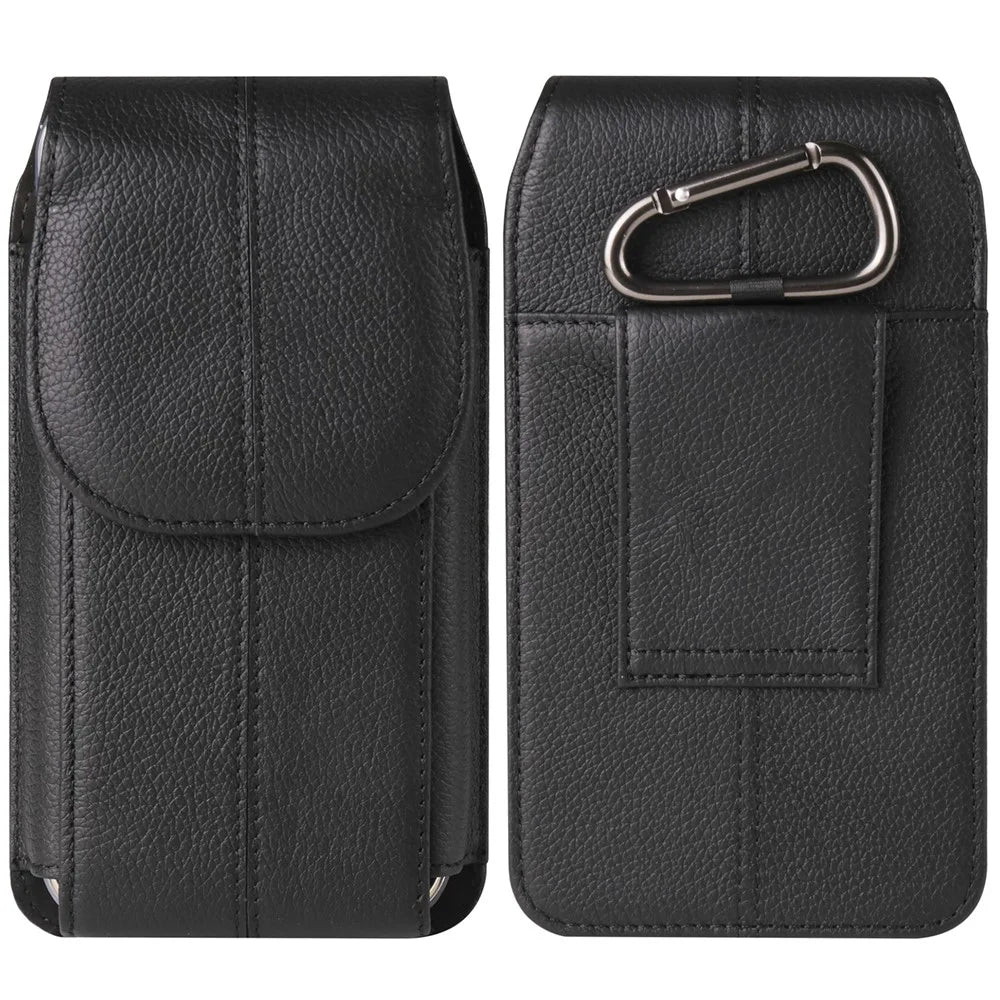 Cowhide Leather Belt Case for 6.1-inch Phone Magnetic Closure Vertical Waist Holder Pouch Cover with Hook - Black - 1