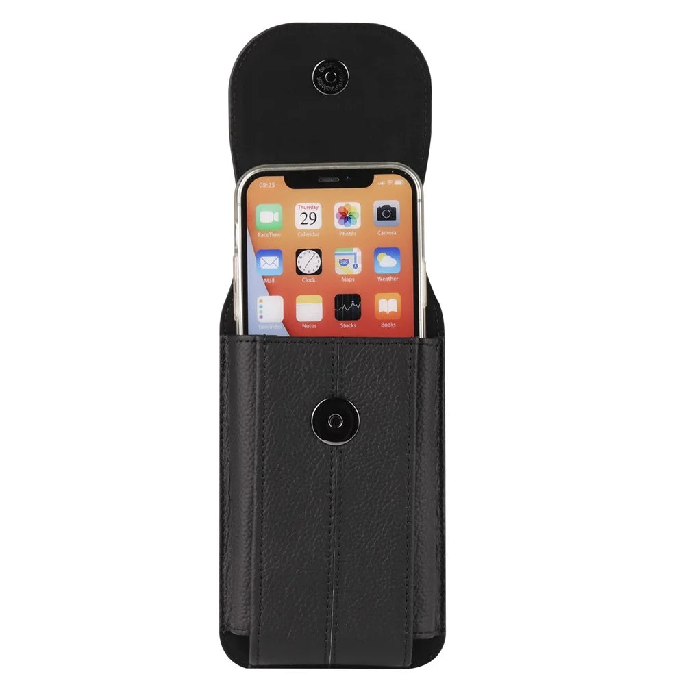 Cowhide Leather Belt Case for 6.1-inch Phone Magnetic Closure Vertical Waist Holder Pouch Cover with Hook - Black - 5