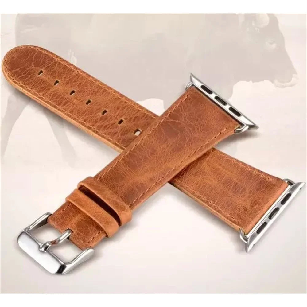 Crazy Horse Texture Retro Leather Watch Strap with Lugs Adapters for Apple Watch Ultra 3 2 1 49mm / Series 11 10 46mm / 9 8 7 45mm / SE3 SE2 SE 6 5 4 44mm / 3 2 1 42mm - Brown - 1