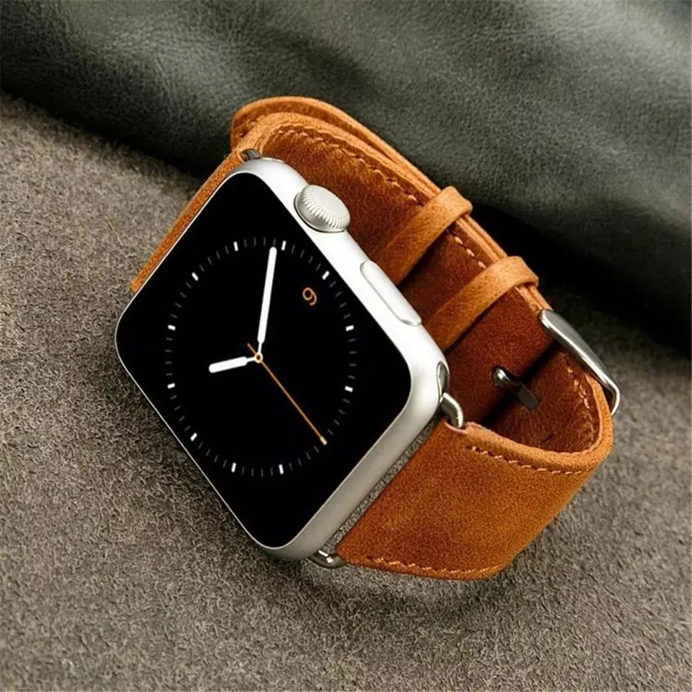 Crazy Horse Texture Retro Leather Watch Strap with Lugs Adapters for Apple Watch Ultra 3 2 1 49mm / Series 11 10 46mm / 9 8 7 45mm / SE3 SE2 SE 6 5 4 44mm / 3 2 1 42mm - Brown - 2