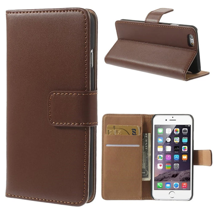 Genuine Split Leather Wallet Stand Cover for iPhone 6s / 6 4.7 inch - Brown - 1