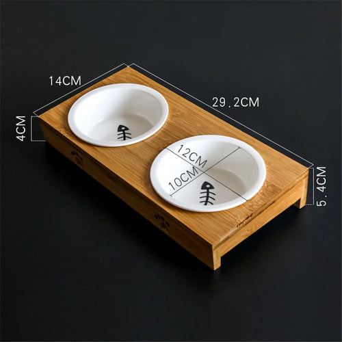 Round Ceramic Pet Feeding Bowl with Wooden Frame for Cat Dog Food Water - Two Bowl - 1