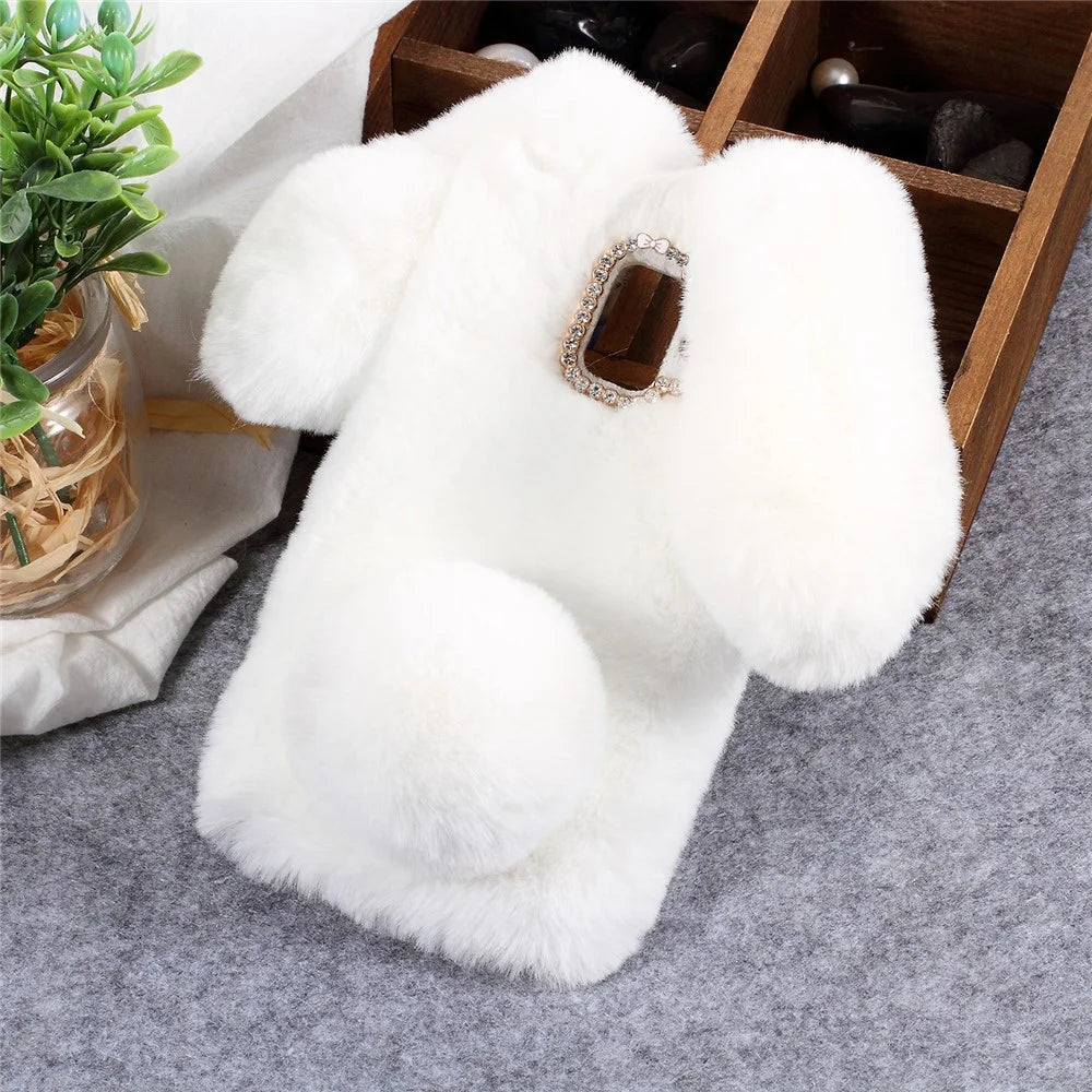 Rabbit Shape Fluffy Fur Coated Rhinestone TPU Cell Phone Case for Samsung Galaxy A6 (2018) - White - 1