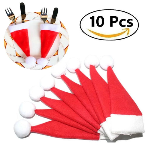 10Pcs/Set Christmas Caps Cutlery Holders Fork Spoon Tableware Pocket Santa Hat Decoration - 1