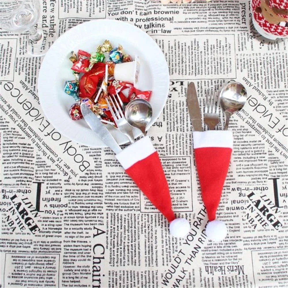 10Pcs/Set Christmas Caps Cutlery Holders Fork Spoon Tableware Pocket Santa Hat Decoration - 2