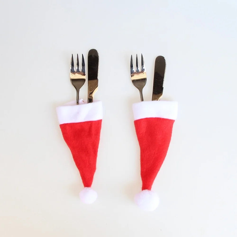 10Pcs/Set Christmas Caps Cutlery Holders Fork Spoon Tableware Pocket Santa Hat Decoration - 4