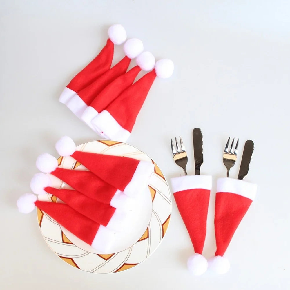 10Pcs/Set Christmas Caps Cutlery Holders Fork Spoon Tableware Pocket Santa Hat Decoration - 5