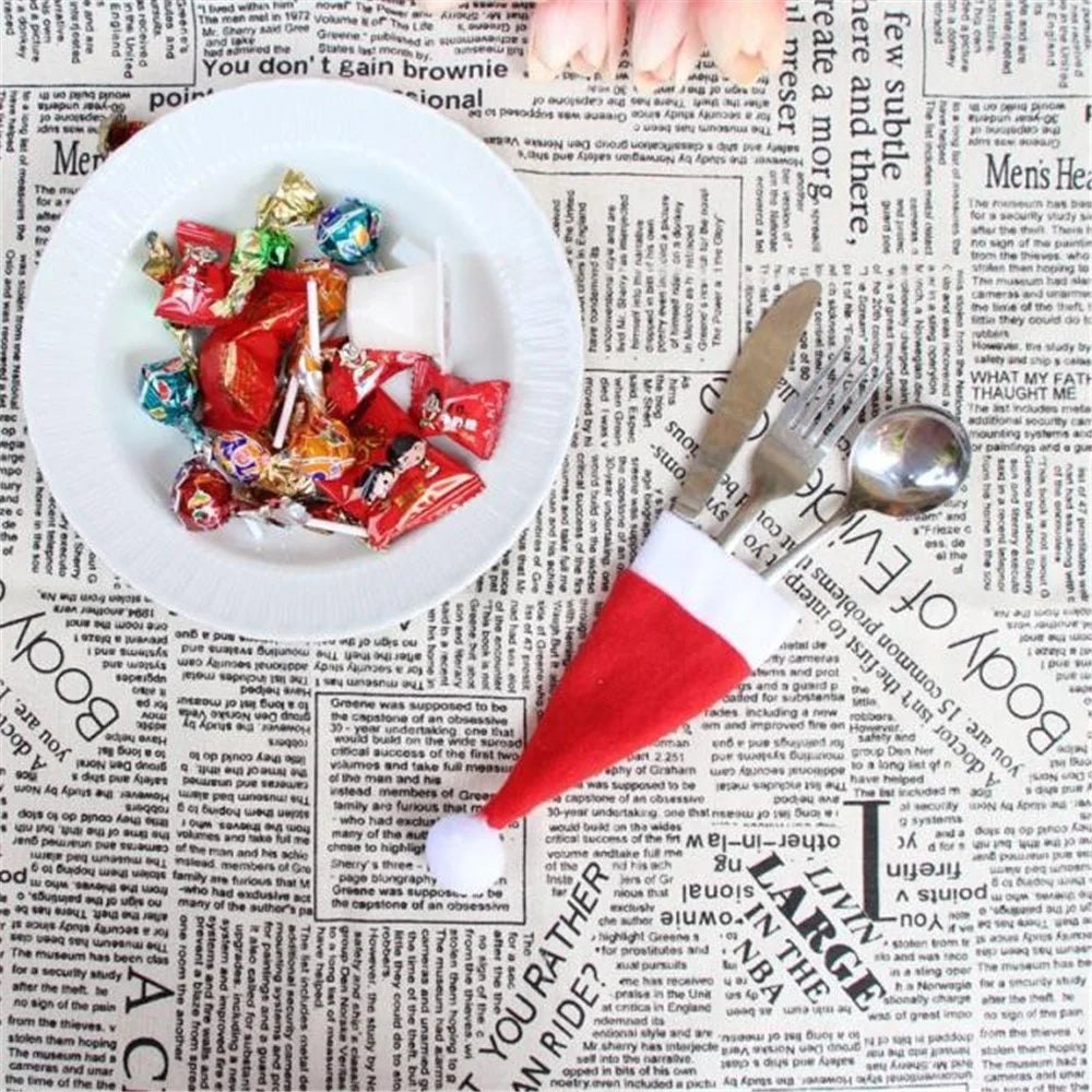 10Pcs/Set Christmas Caps Cutlery Holders Fork Spoon Tableware Pocket Santa Hat Decoration - 6