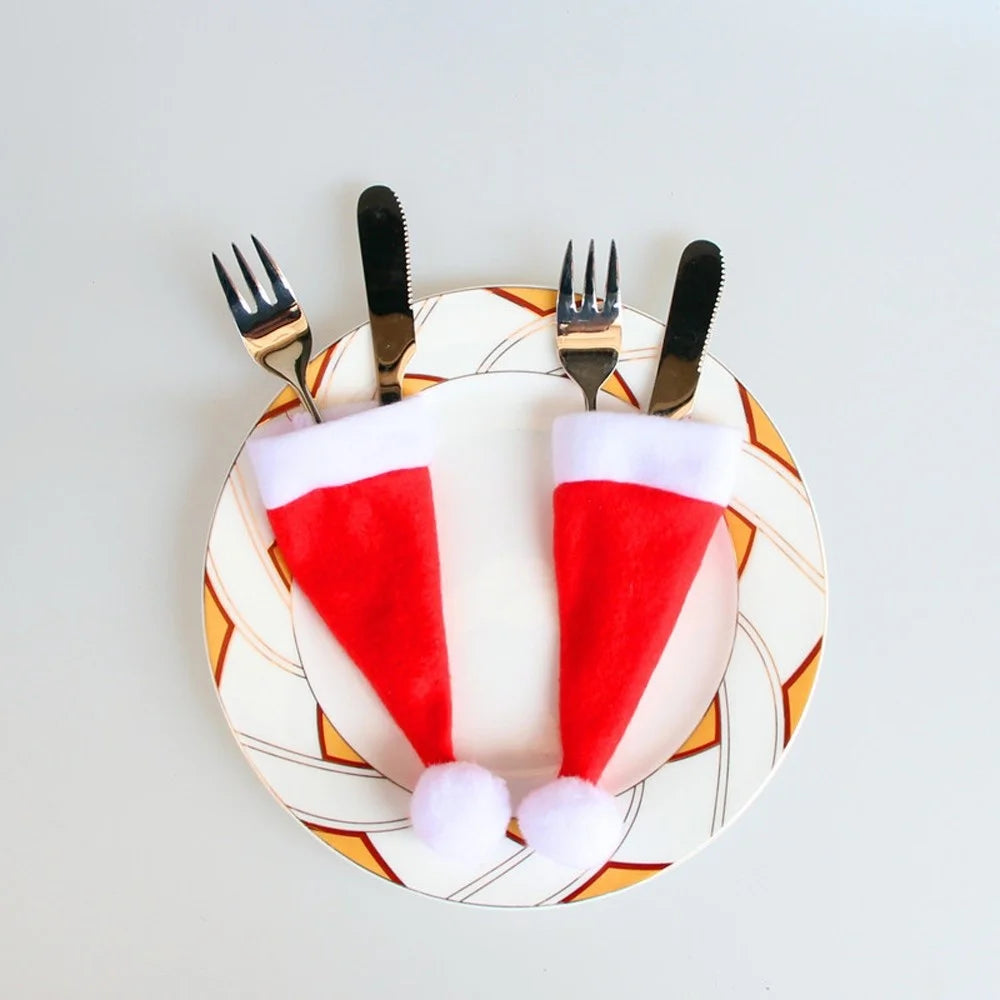 10Pcs/Set Christmas Caps Cutlery Holders Fork Spoon Tableware Pocket Santa Hat Decoration - 7