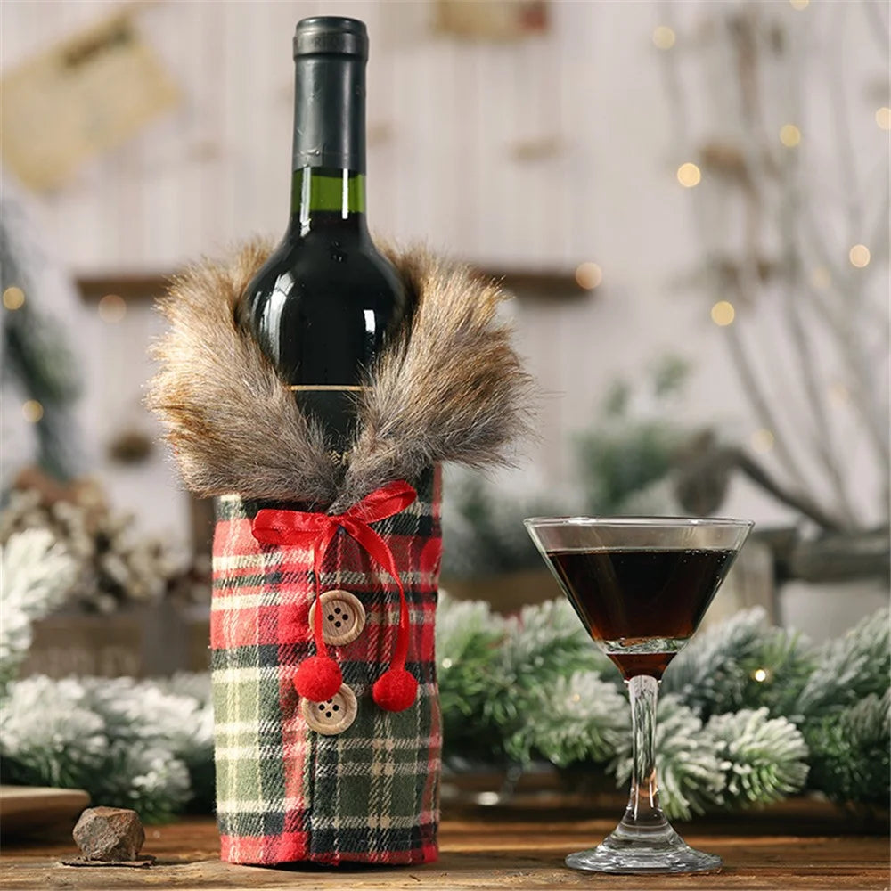 Button Coat Design Cloth Christmas Decorations Wine Bag Christmas Bottle Cover - Plaid - 1