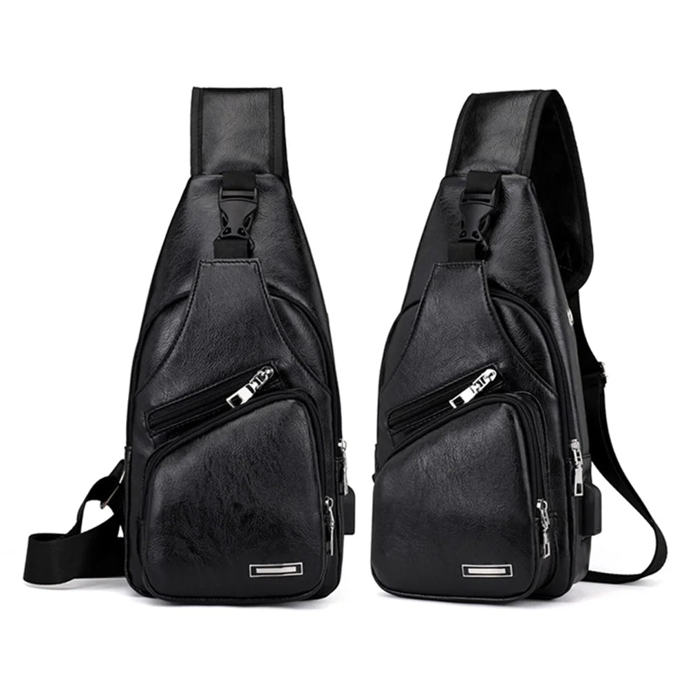 Men's Leather Sling Bag Chest Bag Shoulder Backpack Fanny Pack Crossbody Bag with USB Charging Port - Black - 1