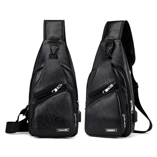 Men's Leather Sling Bag Chest Bag Shoulder Backpack Fanny Pack Crossbody Bag with USB Charging Port - Black - 1