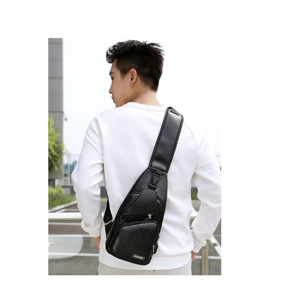 Men's Leather Sling Bag Chest Bag Shoulder Backpack Fanny Pack Crossbody Bag with USB Charging Port - Black - 2