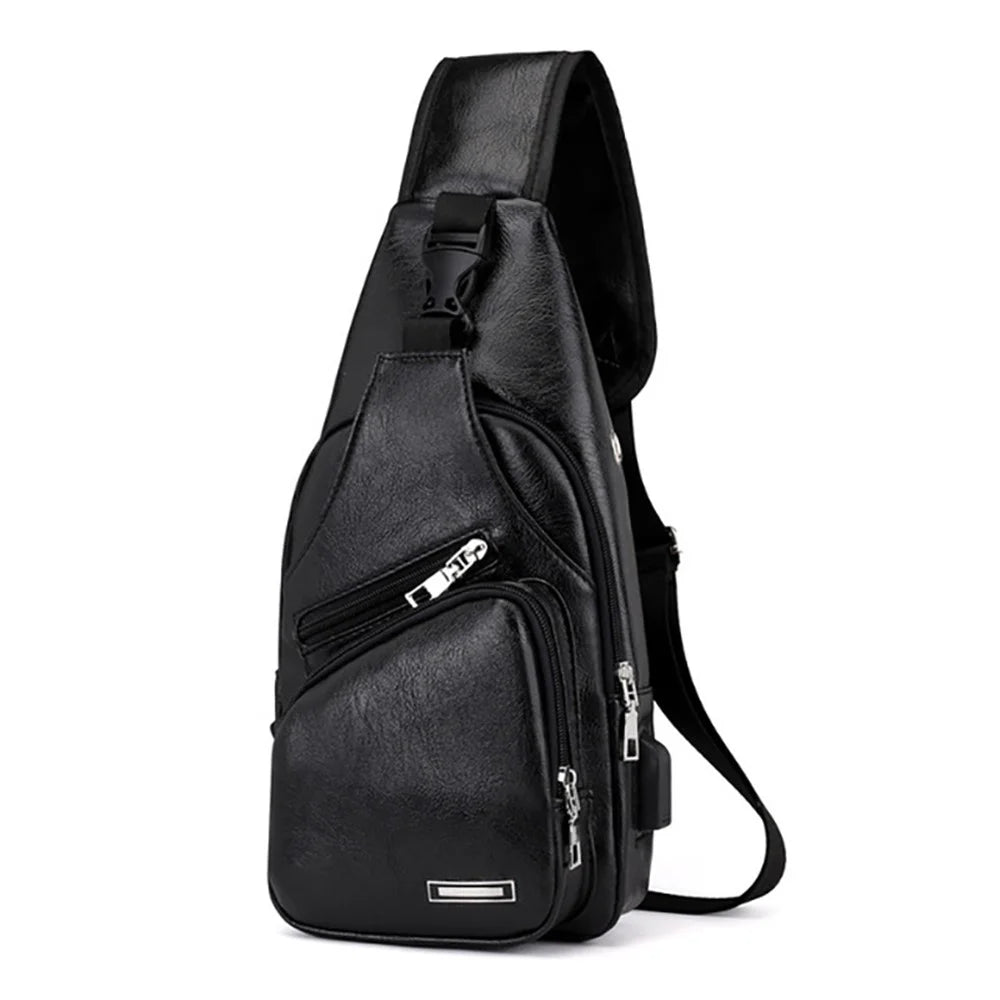 Men's Leather Sling Bag Chest Bag Shoulder Backpack Fanny Pack Crossbody Bag with USB Charging Port - Black - 3