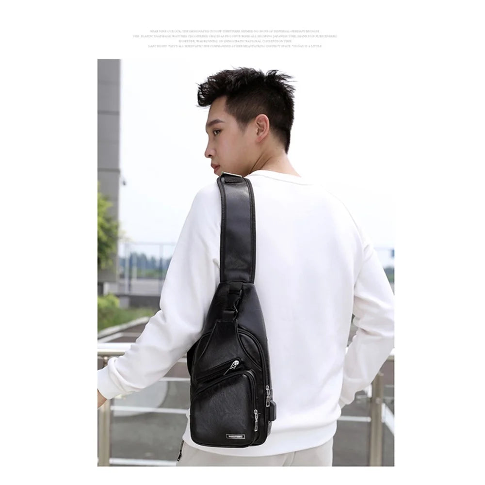 Men's Leather Sling Bag Chest Bag Shoulder Backpack Fanny Pack Crossbody Bag with USB Charging Port - Black - 4