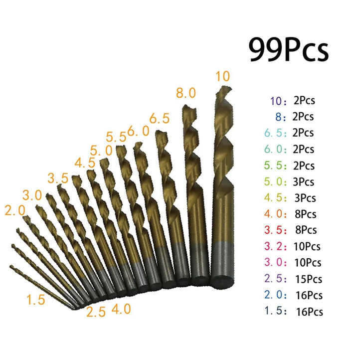 99Pcs/Set 1.5mm - 10mm Titanium HSS Drill Bits - 2