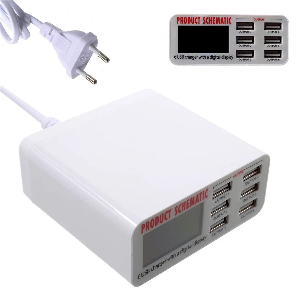 6 USB Ports Charger with Digital Display 30W Total 5V/6A Output - EU Plug - 1