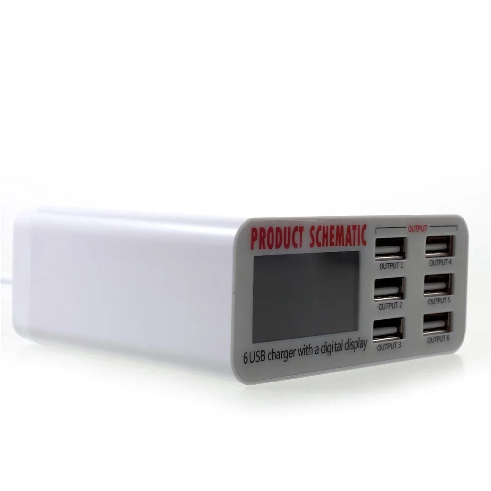 6 USB Ports Charger with Digital Display 30W Total 5V/6A Output - EU Plug - 3