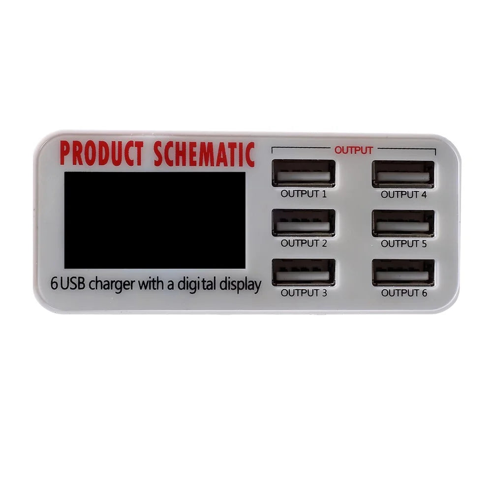 6 USB Ports Charger with Digital Display 30W Total 5V/6A Output - EU Plug - 4