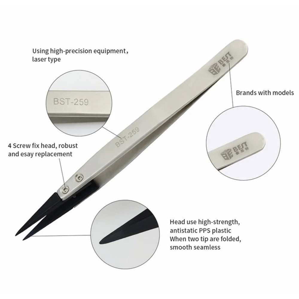 BEST BST-259A Stainless Steel Anti-static Fine Point Tweezers with Replaceable Tip - 3