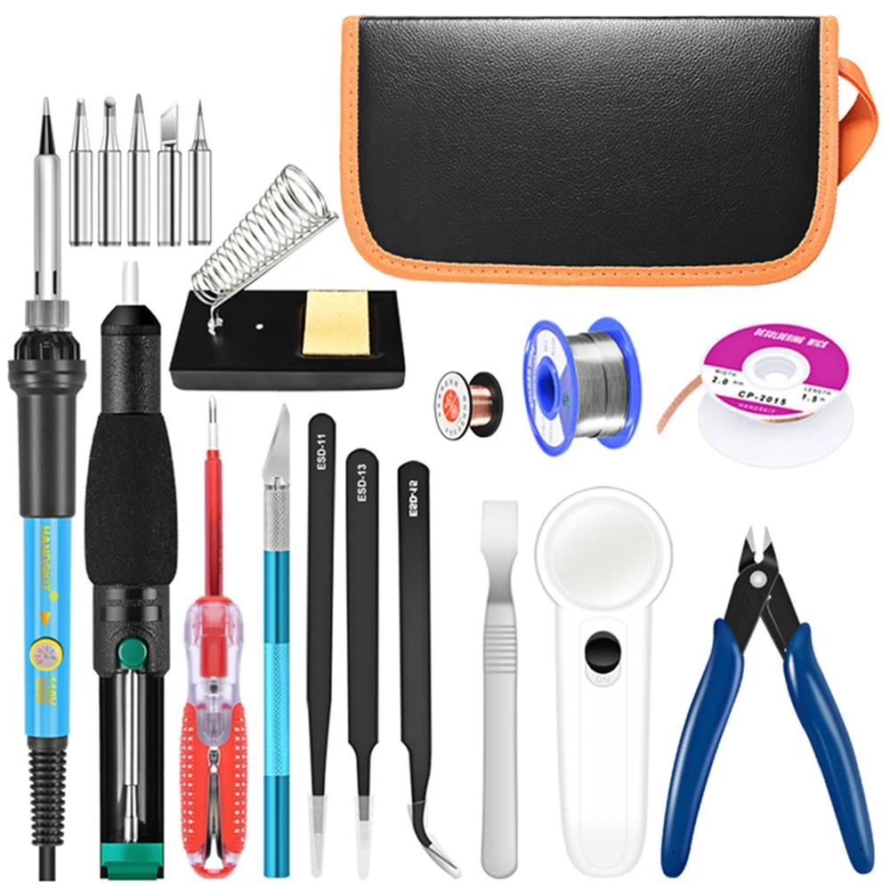 HANDSKIT 22 Pcs Soldering Iron Kit 220V 60W Electric Adjustable Temperature Soldering Iron with Soldering Tips Stand Tools - EU Plug - 1