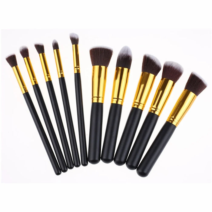 10Pcs Makeup Brush Set Foundation Blending Premium Synthetic Blush Eye Face Brushes Makeup Tool - Gold Color / Black - 1