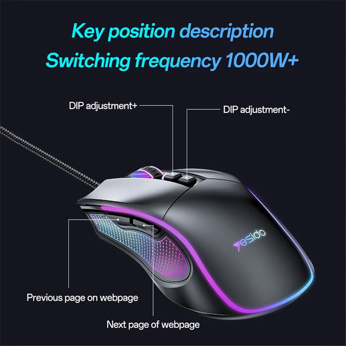 YESIDO KB20 USB Wired Gaming Mouse 7200DPI RGB Light Computer Laptop Mice - 6