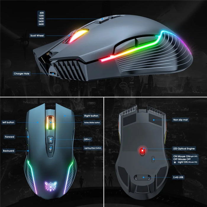 ONIKUMA CW905 Rechargeable 2.4G Wireless Gaming Mouse RGB Light Computer Mice - Black - 7