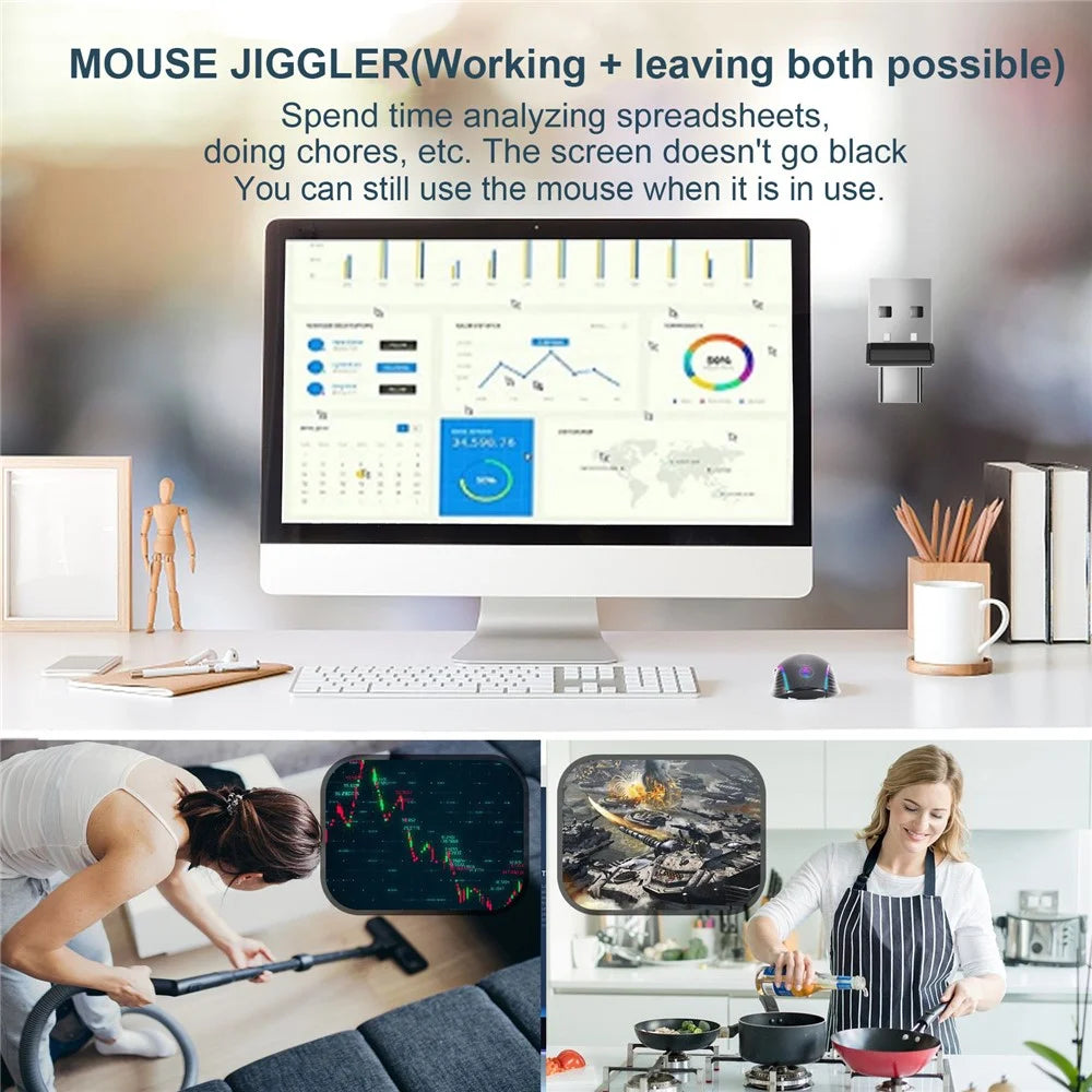2-in-1 USB / Type-C Mouse Jiggler Portable Mini Mouse Mover, Driver-Free for Computers, Laptops - Black - 2
