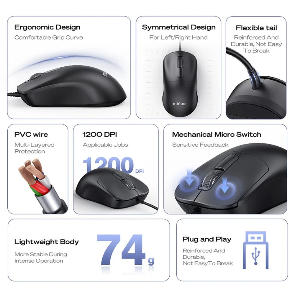 MBLUE M204 Ergonomic USB Wired Mouse 1200 DPI 3 Buttons Mouse for Laptop and PC - Black - 3
