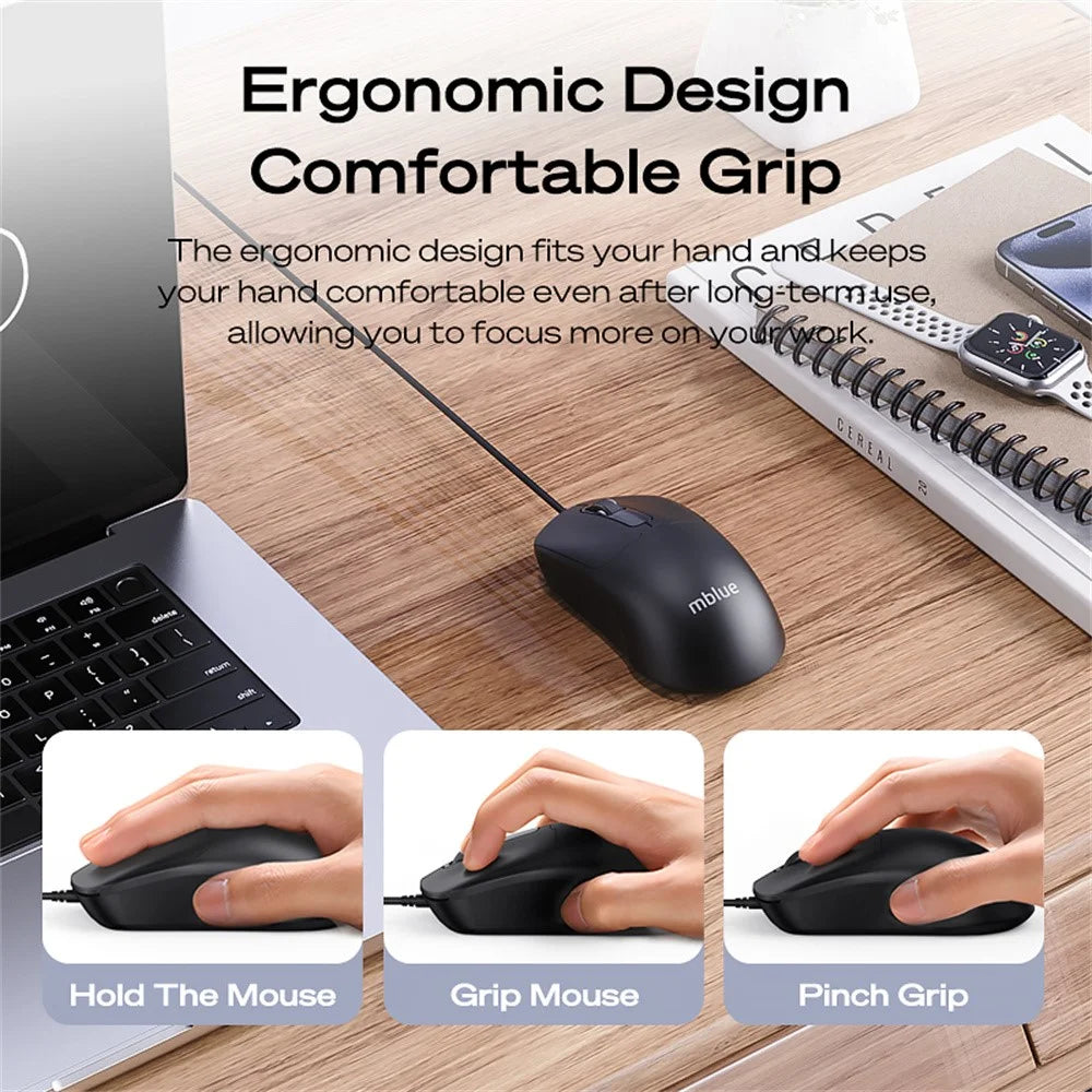 MBLUE M204 Ergonomic USB Wired Mouse 1200 DPI 3 Buttons Mouse for Laptop and PC - Black - 4