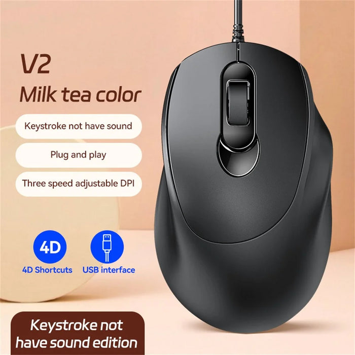 V2 Business Office Wired Mouse 4D Buttons Silent Click Adjustable DPI Ergonomic Design - Black - 2