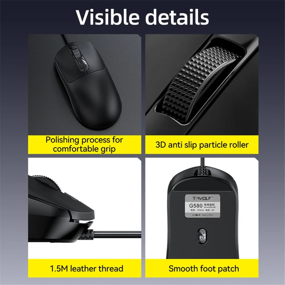 T-WOLF G580 Wired Mouse Ergonomic Design Office Mouse with 3D Anti-Slip Grille Roller 1000-1600 DPI - Black - 6