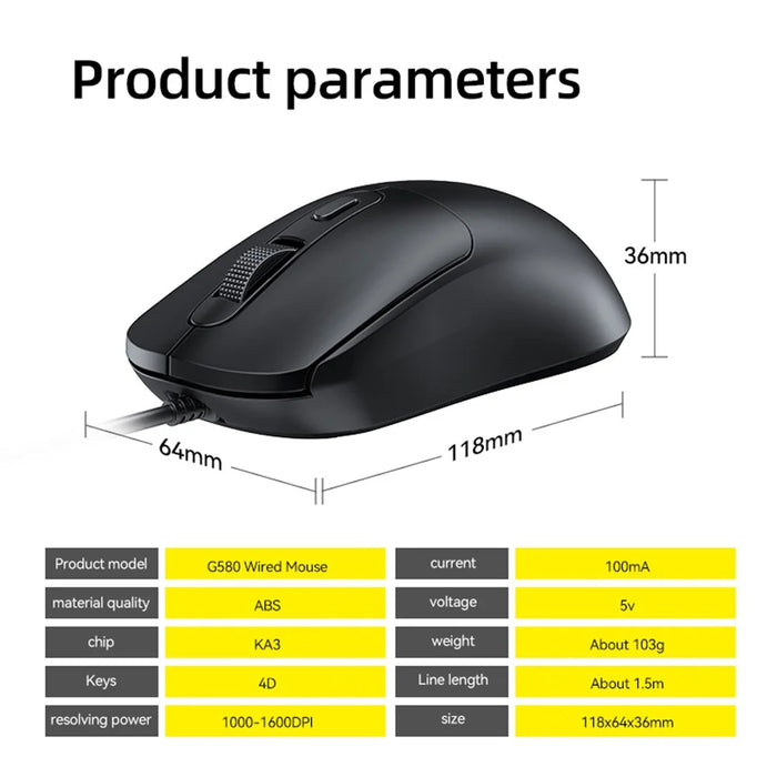 T-WOLF G580 Wired Mouse Ergonomic Design Office Mouse with 3D Anti-Slip Grille Roller 1000-1600 DPI - Black - 7