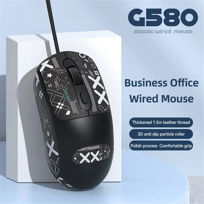 T-WOLF G580 Wired Mouse with Anti-Slip Sticker Ergonomic Design Office Mouse Support 1000-1600 DPI - Black - 3